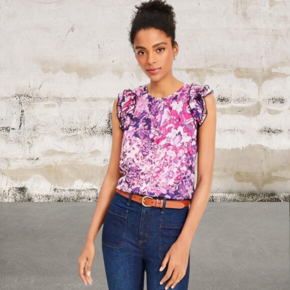 LOFT NWT Floral Ruffle Sleeve Blouse Size Medium - Picture 1 of 6
